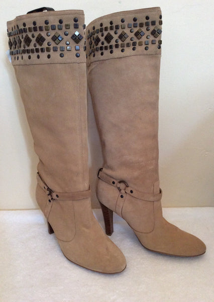 Brand New Morgan Beige Suede Studded Trim Heels Size 7.5/41 - Whispers Dress Agency - Womens Boots - 1