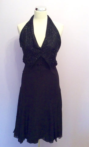 TED BAKER BLACK HALTER NECK SILK DRESS WITH ADDED BEADED WAISTCOAT TOP SIZE 2 UK 10 - Whispers Dress Agency - Womens Dresses - 1
