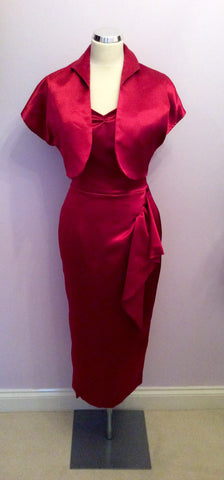 Vivien Holloway Deep Red Sateen 1950s Pencil Dress & Bolero Size 12 - Whispers Dress Agency - Sold - 1