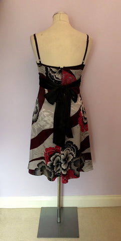 TED BAKER BLACK,RED & SILVER PRINT SILK STRAPPY DRESS SIZE 2 UK 10