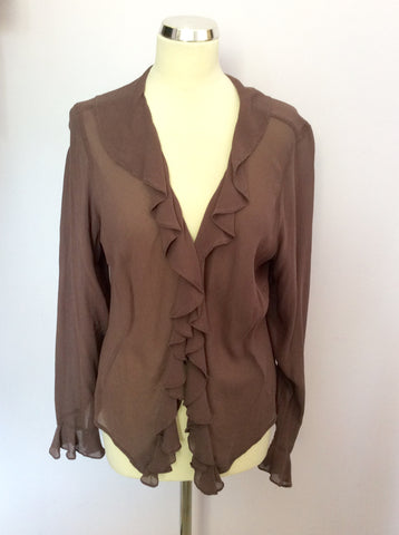 MONSOON BROWN SILK FRILL TRIM LONG SLEEVE BLOUSE SIZE 16 - Whispers Dress Agency - Sold - 1