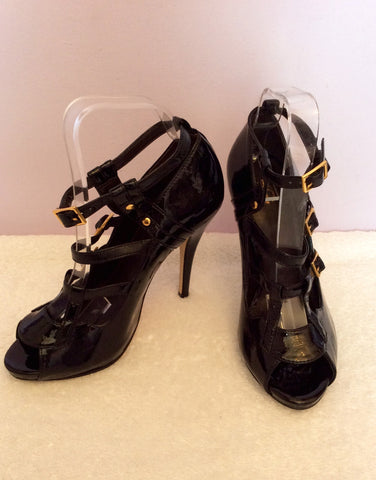 Kurt Geiger Black Patent Peeptoe Buckle Straps Heels Size 5/38 - Whispers Dress Agency - Sold - 1