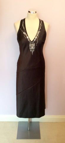 KAREN MILLEN BLACK EMBROIDERED & JEWEL TRIM LOW BACK COCKTAIL DRESS SIZE 10 - Whispers Dress Agency - Womens Dresses - 1