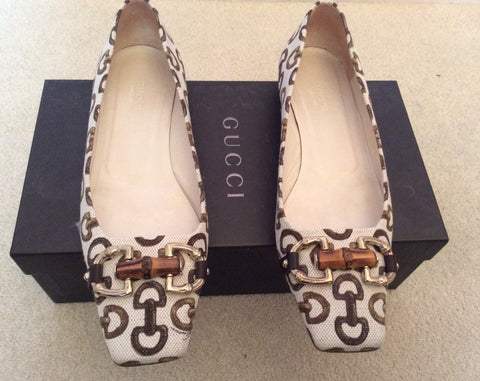 Gucci Cream & Brown Horse Bit Print Canvas Flats Size 4.5/37.5 - Whispers Dress Agency - Sold - 1
