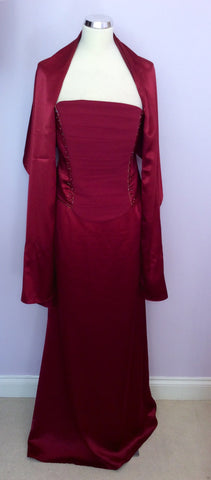 DYNASTY DARK RED SATIN BUSTIER, LONG SKIRT & WRAP SIZE 16 FIT 14 - Whispers Dress Agency - Womens Eveningwear - 1