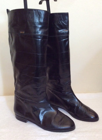 Bally Black Croc Design Highly Polised Leather Boots Size 4/37 - Whispers Dress Agency - Sold - 2