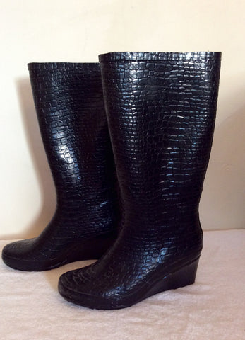 Black Crocodile Print Wedge Heel Wellington Boots Size 6/39 - Whispers Dress Agency - Sold - 2