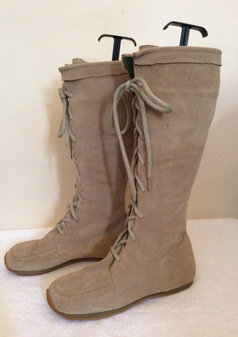 RIZZO BEIGE SUEDE KNEE LENGTH LACE UP FLAT BOOTS SIZE 6/39 - Whispers Dress Agency - Womens Boots - 3