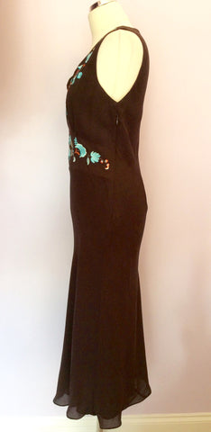Kaliko Brown Silk Embroidered V Neck Dress Size 12 - Whispers Dress Agency - Sold - 3