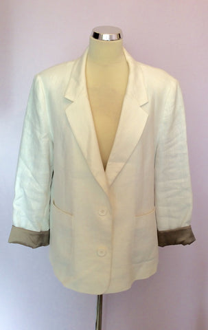 Jaeger White Linen & Taupe Trim Jacket Size 16 - Whispers Dress Agency - Sold - 1