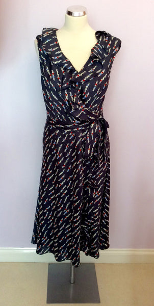 Laura Ashley Dark Blue Floral Print Frill Trim Dress Size 14 - Whispers Dress Agency - Sold - 1