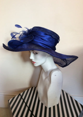 Victoria Ann Royal Blue Wide Brim Feather & Bow Trim Formal Hat - Whispers Dress Agency - Womens Formal Hats & Fascinators - 3