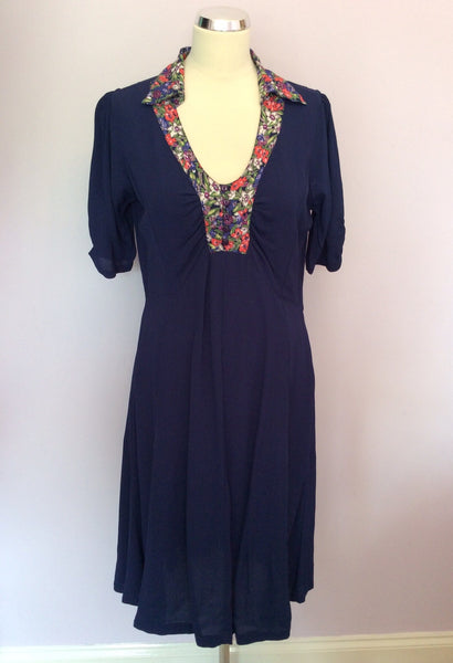 New Cath Kidston Dark Blue Floral Trim Tea Dress Size 12 - Whispers Dress Agency - Sold - 1