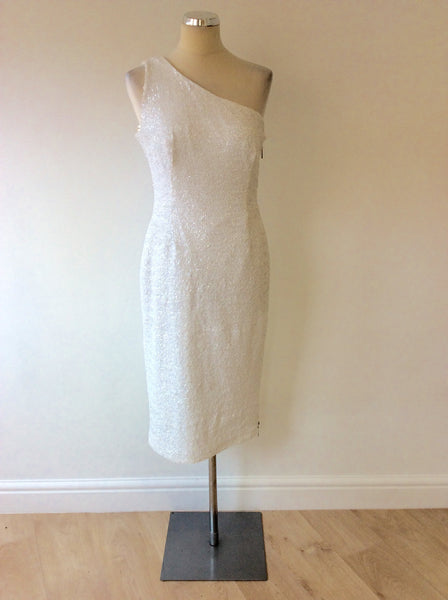 THE PRETTY DRESS COMPANY WHITE SEQUINNED ONE SHOULDER COCKTAIL DRESS SIZE 14 - Whispers Dress Agency - Womens Dresses - 1