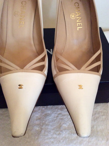 Chanel White & Beige Trim Leather Heels Size 7.5/40.5 - Whispers Dress Agency - Sold - 3