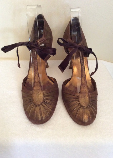 Whistles Bronze T Bar Ribbon Tie Leather Heels Size 6/39 - Whispers Dress Agency - Sold - 1