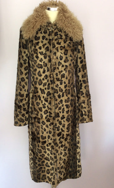 Karen Millen Brown Shaggy Lambswool Collar Leopard Print Coat Size 12 - Whispers Dress Agency - Sold - 1