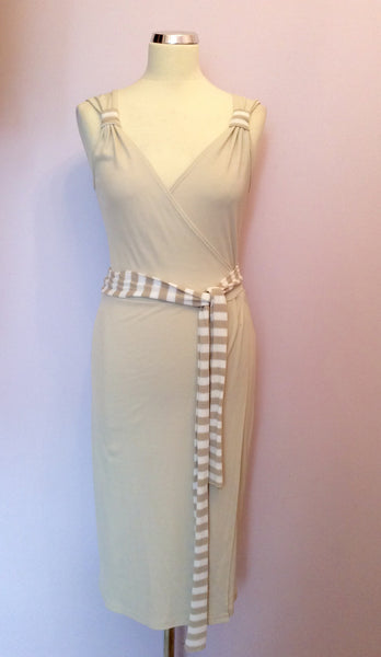Marccain Beige & White Stripe Wrap Dress Size N3 UK 12/12 - Whispers Dress Agency - Womens Dresses - 1