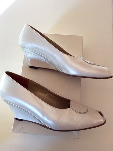Jane Shilton Pearl White Leather Peeptoe Wedges Size 6.5/39.5 - Whispers Dress Agency - Womens Heels - 2