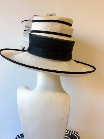 NIGEL RAYMENT BLACK & IVORY/WHITE WIDE BRIM FEATHER TRIM FORMAL HAT - Whispers Dress Agency - Sold - 3