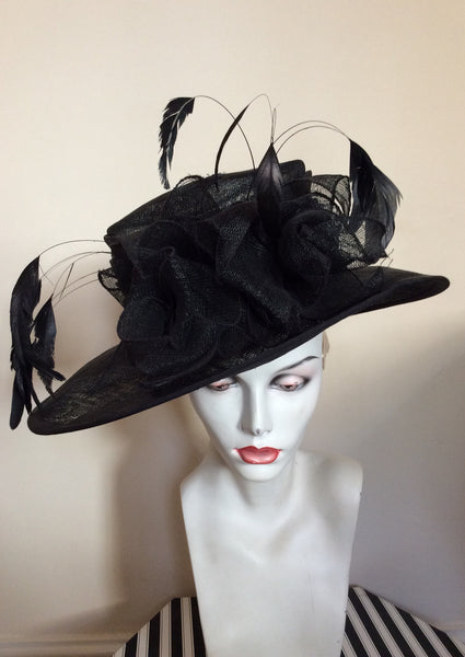 Black Feather & Flower Detail Wide Brim Formal Hat - Whispers Dress Agency - Womens Formal Hats & Fascinators - 1