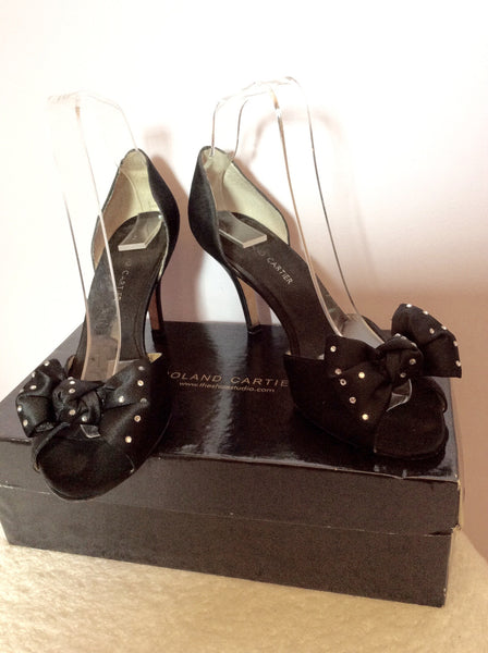 Roland Cartier Black Satin Diamante Bow Trim Peeptoe Heels Size 4.5/37.5 - Whispers Dress Agency - Sold - 1