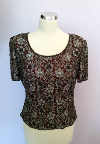 Frank Usher Brown Beaded & Sequinned Floral Design Top Size S - Whispers Dress Agency - Womens Tops - 1