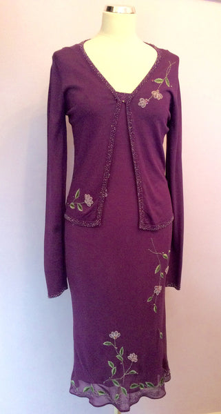 Edina Purple Embroidered & Beaded Silk Dress & Matching Cardigan Size 10/S - Whispers Dress Agency - Sold - 1
