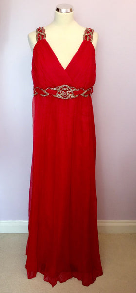 Monsoon Red & Silver Beaded Trim Silk Maxi Dress Size 20 - Whispers Dress Agency - Sold - 1