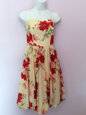 Coast Cream & Red Floral Print Strapless Dress Size 8 - Whispers Dress Agency - Womens Dresses - 1