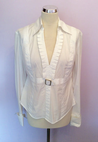 Karen Millen White V Neck Pleated Trim Shirt Size 14 - Whispers Dress Agency - Sold - 1