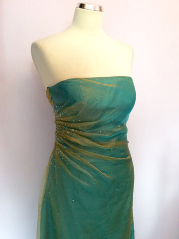 JOHN CHARLES TURQOUISE & GOLD ORGANZA STRAPLESS EVENING DRESS SIZE 8 - Whispers Dress Agency - Womens Dresses - 2
