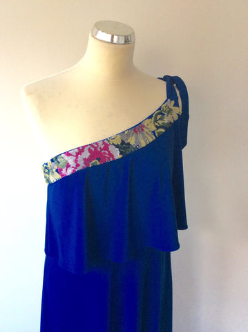 MONSOON BLUE SEQUINNED TRIM ONE SHOULDER TIERED DRESS SIZE 12 - Whispers Dress Agency - Womens Dresses - 2