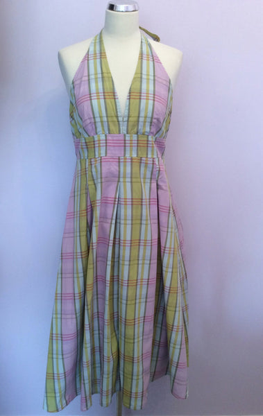 Joules Pink & Green Check Cotton Halterneck Dress Size 14 - Whispers Dress Agency - Womens Dresses - 1