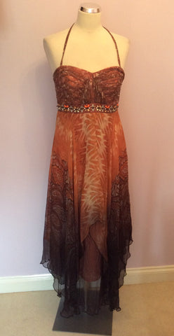 Monsoon Brown & Apricot Print Silk Halterneck Maxi Dress Size 10 - Whispers Dress Agency - Sold - 1