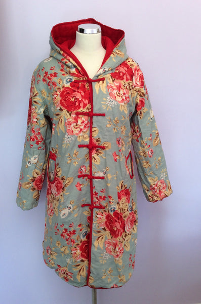 Pale Blue & Red Floral Print Cotton Hooded Lightly Padded Coat Size S/M - Whispers Dress Agency - Womens Coats & Jackets - 1