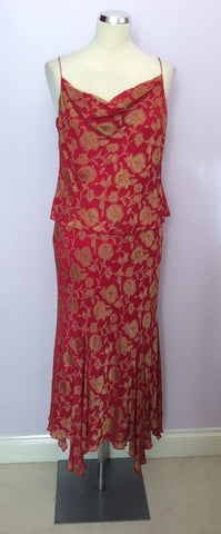 Minosa Red & Gold Floral Print Silk Blend Dress Size 12 Petite - Whispers Dress Agency - Womens Dresses - 1