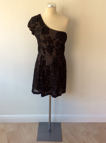 FRENCH CONNECTION BLACK BEADED & SEQUINNED ONE SHOULDER DRESS SIZE 12 - Whispers Dress Agency - Sold - 1