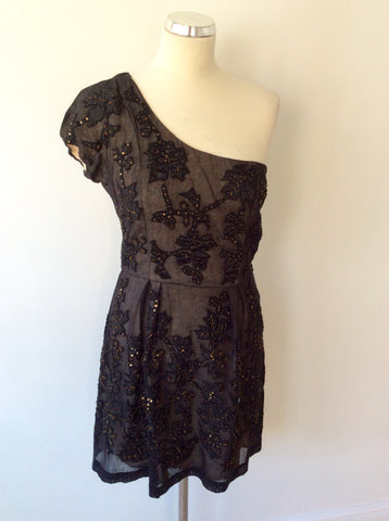 FRENCH CONNECTION BLACK BEADED & SEQUINNED ONE SHOULDER DRESS SIZE 12 - Whispers Dress Agency - Sold - 2