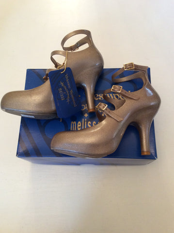 BRAND NEW VIVIENNE WESTWOOD GOLD GLITTER 3 STRAP HEELS SIZE 6/39 - Whispers Dress Agency - Sold - 4