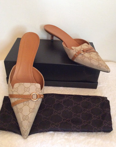 Gucci Beige & Tan Monogramed Slip On Heeled Mules Size 7.5/41 - Whispers Dress Agency - Sold - 1