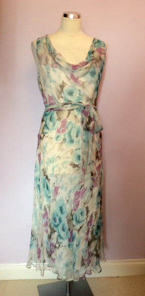 J Taylor Pink, Grey, Turquoise & White Print Silk Dress Size 14 - Whispers Dress Agency - Womens Dresses - 1