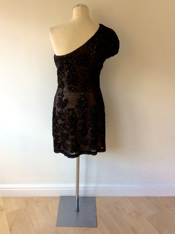 FRENCH CONNECTION BLACK BEADED & SEQUINNED ONE SHOULDER DRESS SIZE 12 - Whispers Dress Agency - Sold - 5