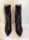 Hugo Boss Black Leather Silver Chain Trim Ankle Boots Size 5/38 - Whispers Dress Agency - Sold - 2
