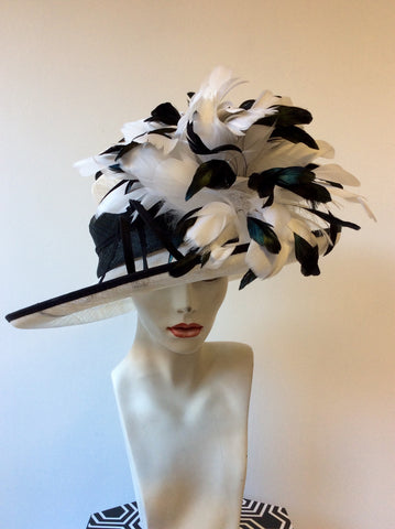 NIGEL RAYMENT BLACK & IVORY/WHITE WIDE BRIM FEATHER TRIM FORMAL HAT - Whispers Dress Agency - Sold - 1