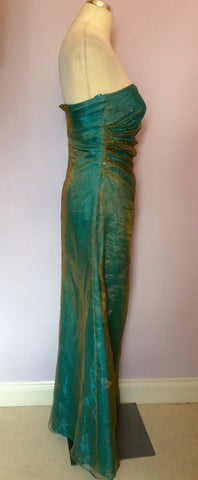 JOHN CHARLES TURQOUISE & GOLD ORGANZA STRAPLESS EVENING DRESS SIZE 8 - Whispers Dress Agency - Womens Dresses - 3
