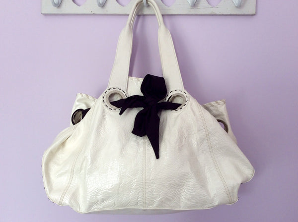 Jaeger Large White Patent With Black Tie Shoulder Bag - Whispers Dress Agency - Sold - 1