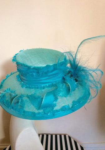 Victoria Ann Turquoise Wide Brim Feather Trim Formal Hat - Whispers Dress Agency - Womens Formal Hats & Fascinators - 3