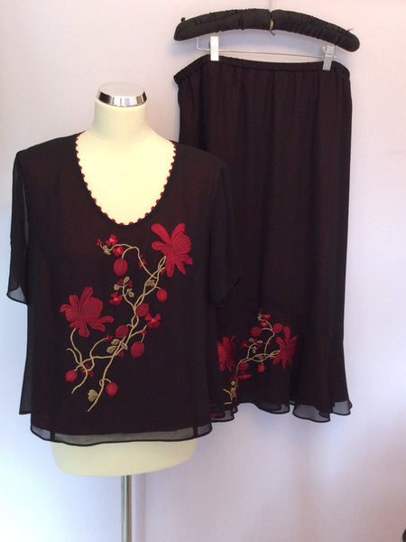 Jacques Vert Black & Dark Red Embroidered Top & Skirt Size 18 - Whispers Dress Agency - Sold - 1