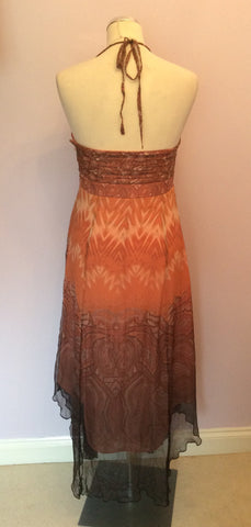Monsoon Brown & Apricot Print Silk Halterneck Maxi Dress Size 10 - Whispers Dress Agency - Sold - 4